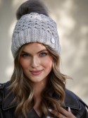 Warm winter hat with a pompom, beige C37 - Online store - Boutique